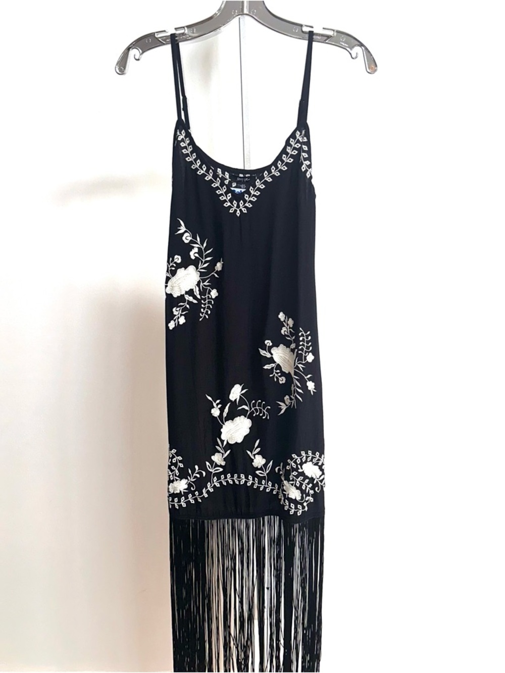 Nasty Gal Black Slip Midi Dress with White Floral Embroidery & Fringe